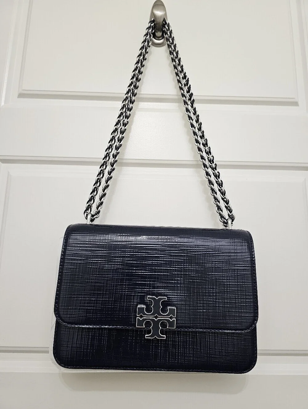 Tory Burch  Britten Textured Patent  Navy Leather Chain Crossbody